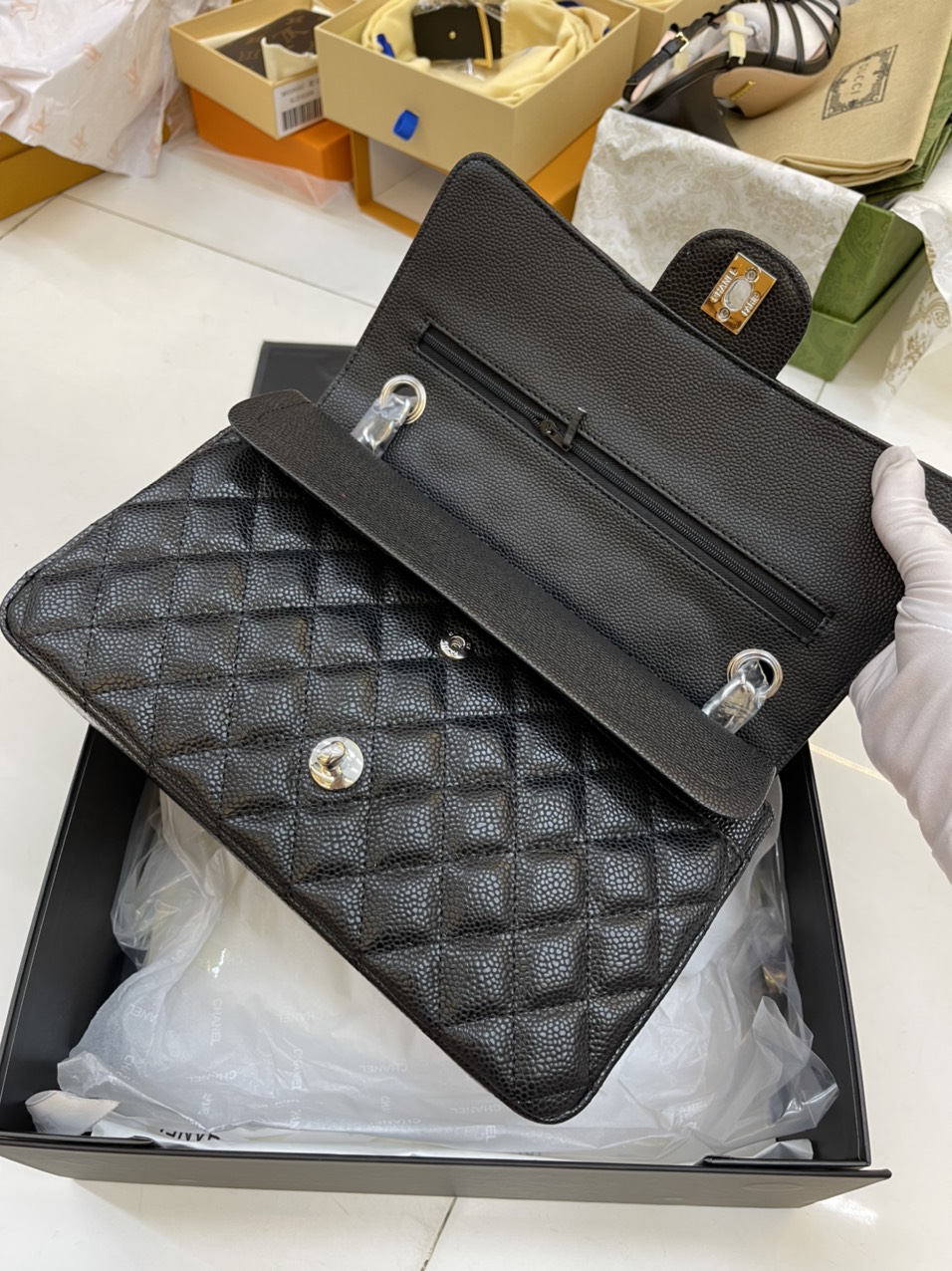Túi Xách Chanel Super Classic Da Hạt Khóa Bạc 25CM